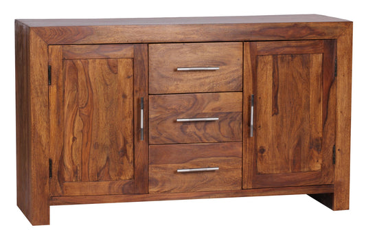 Sideboard Massivholz Sheesham Kommode 118 cm 3 Schubladen 2 Türen Design Highboard Landhaus-Stil braun natur