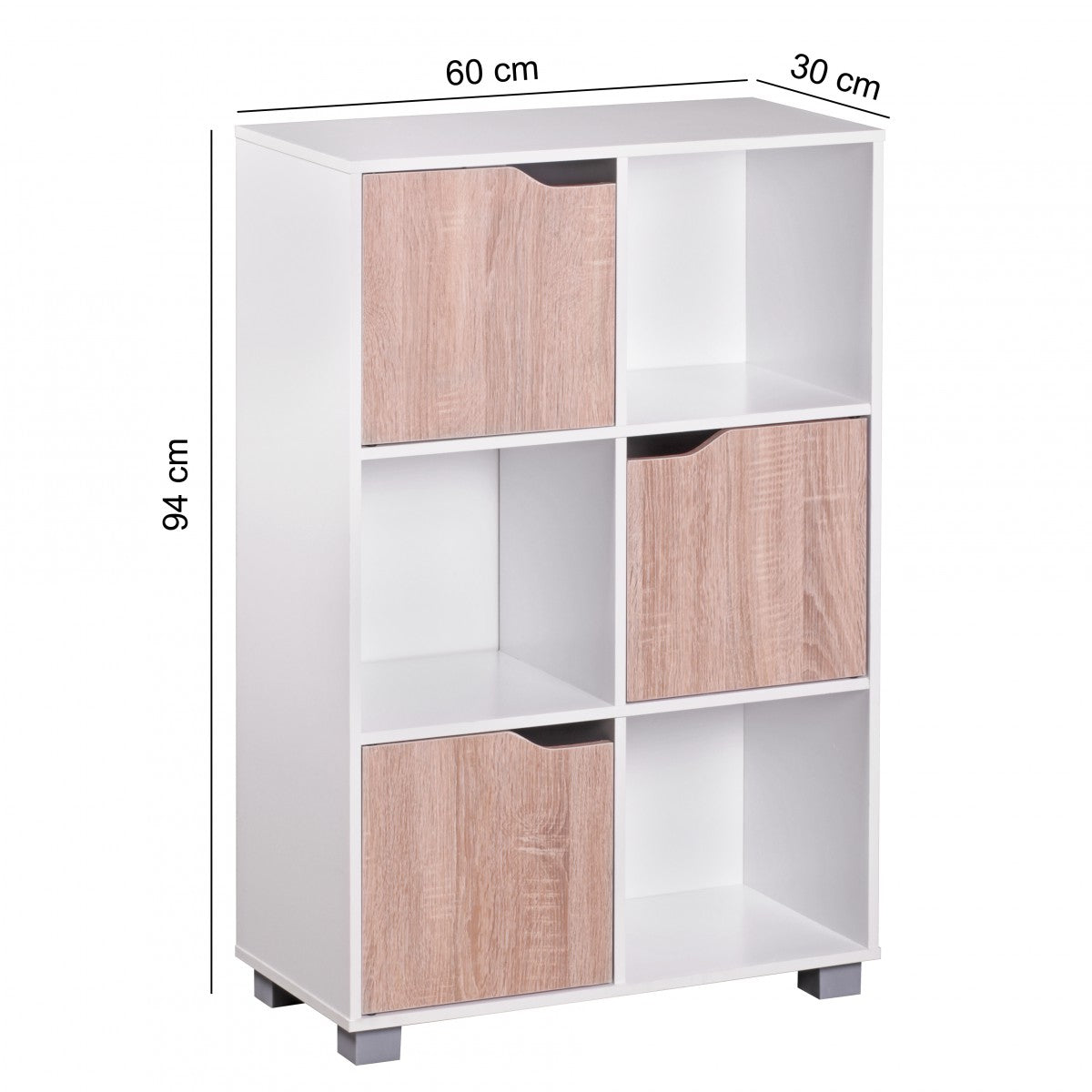 Design Bücherregal MASSA Modern Holz Weiß mit Türen geschlossen Sonoma Eiche Standregal freistehend 6 Fächer 60 cm Breit x 90 cm Hoch x 30 cm Tief Freistehend Büroregal klein Holzregal