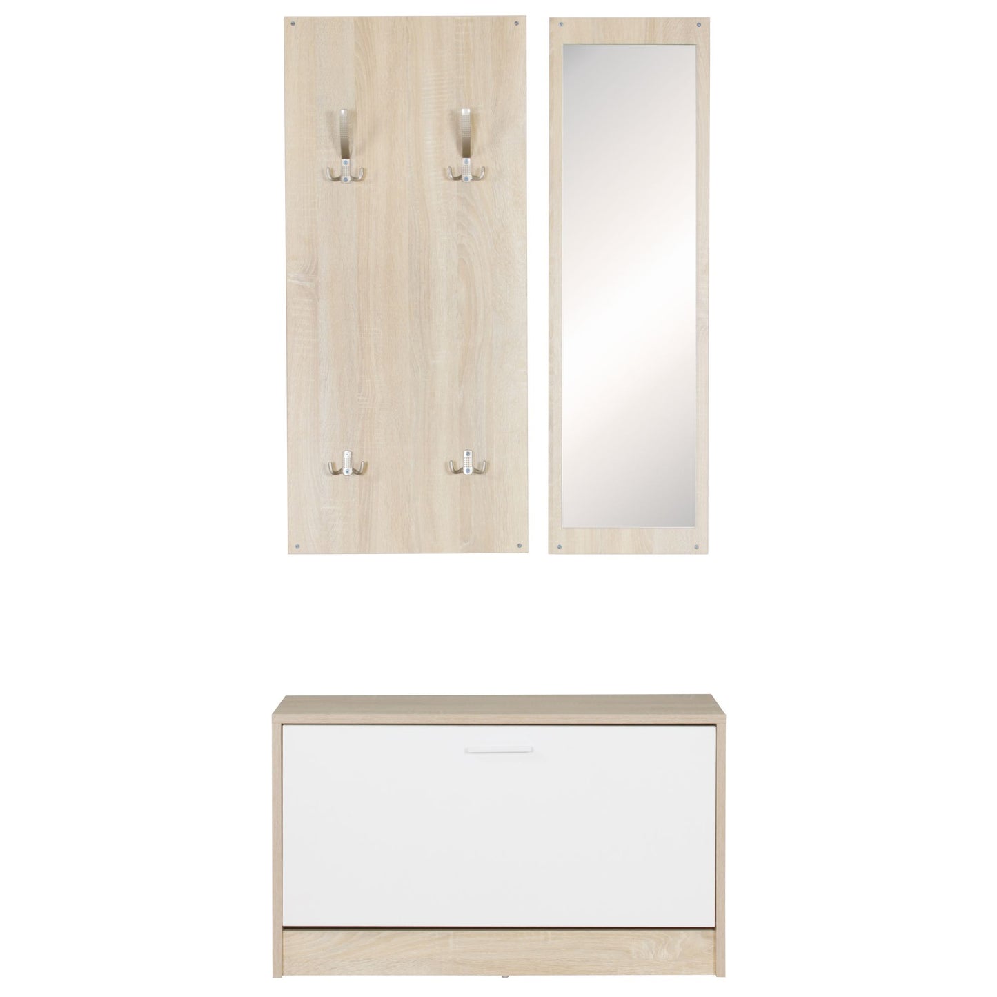 Wand-Garderobe SALERNO mit Spiegel & Schuhschrank Spanplatte sonoma, Moderne Flur-Kompaktgarderobe für Jacken & Schuhe, Komplettgarderobe