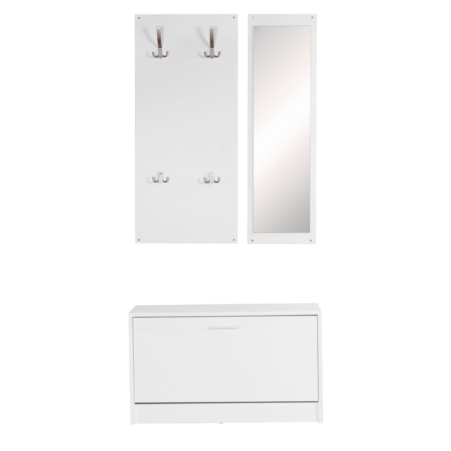 Wand-Garderobe SALERNO mit Spiegel & Schuhschrank Spanplatte weiß, Moderne Flur-Kompaktgarderobe für Jacken & Schuhe, Komplettgarderobe