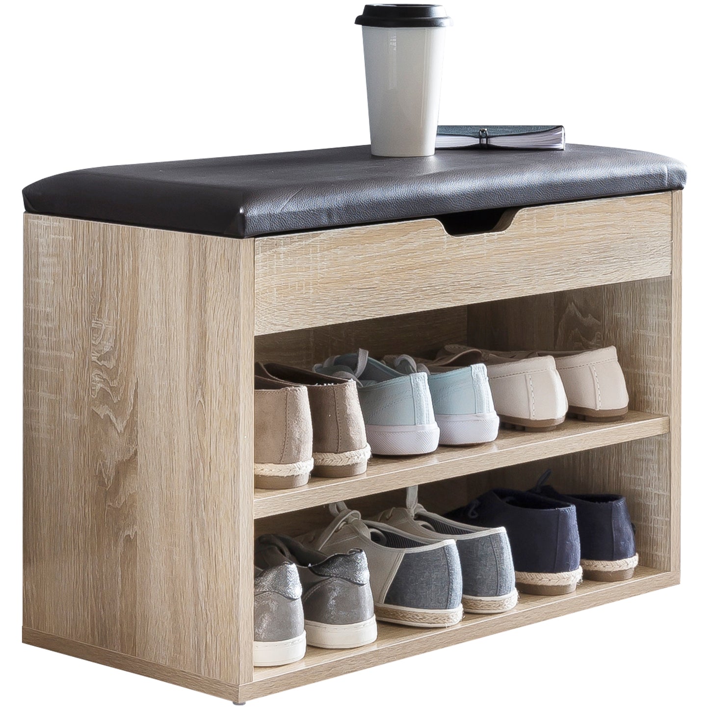 Schuhbank mit Sitzfläche Sonoma Garderoben-Bank Holz 60 x 40 x 30 cm, Holzbank klein gepolstert, Sitzbank schmal Flur mit Stauraum, Truhenbank Schuhtruhe Flurmöbel