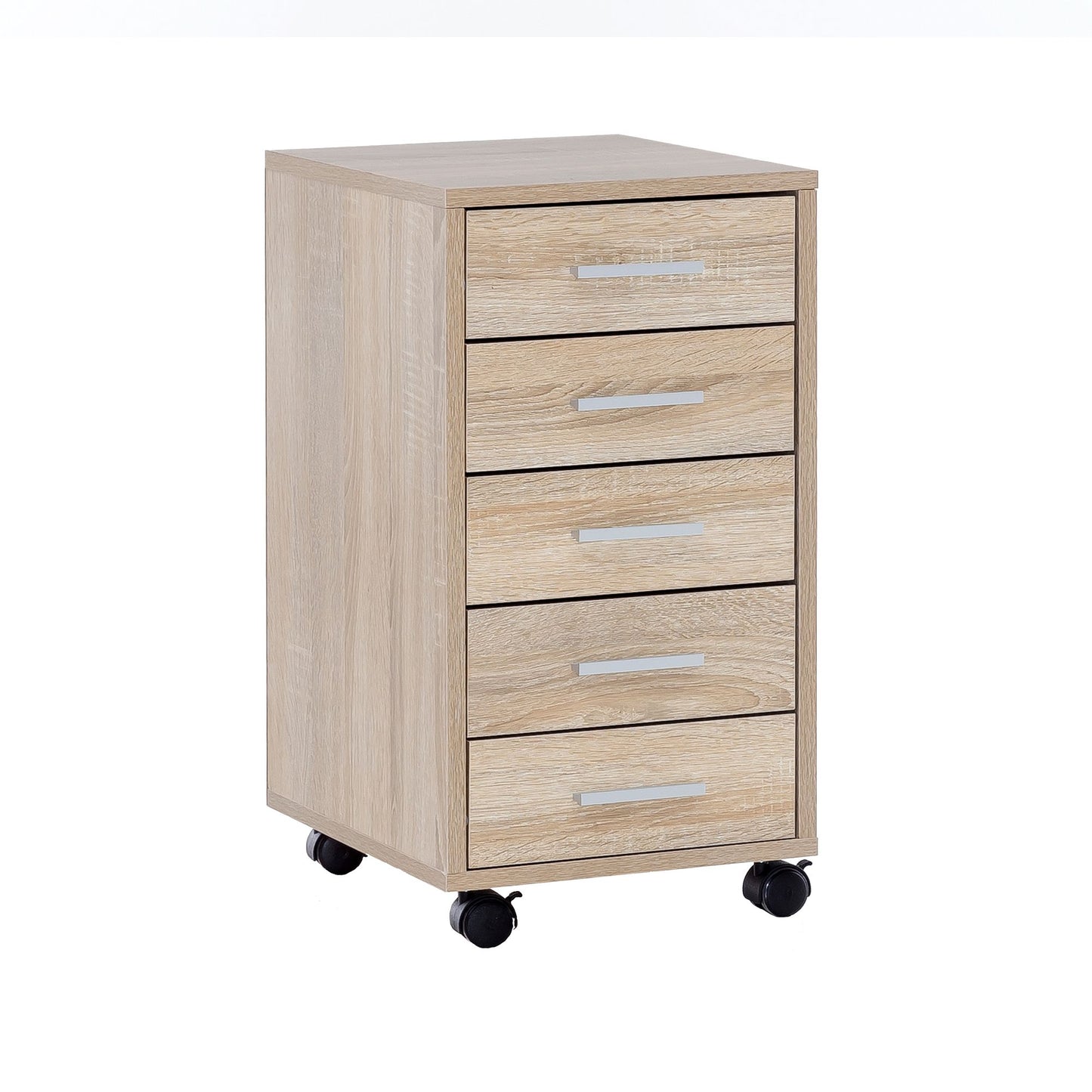 Rollcontainer Sonoma 33 x 63 x 38 cm Holz Schubladenschrank Schreibtisch, Büro Schrank mit 5 Schubladen, Container Rollschrank klein Standcontainer schmal, Schreibtischcontainer mit Rollen