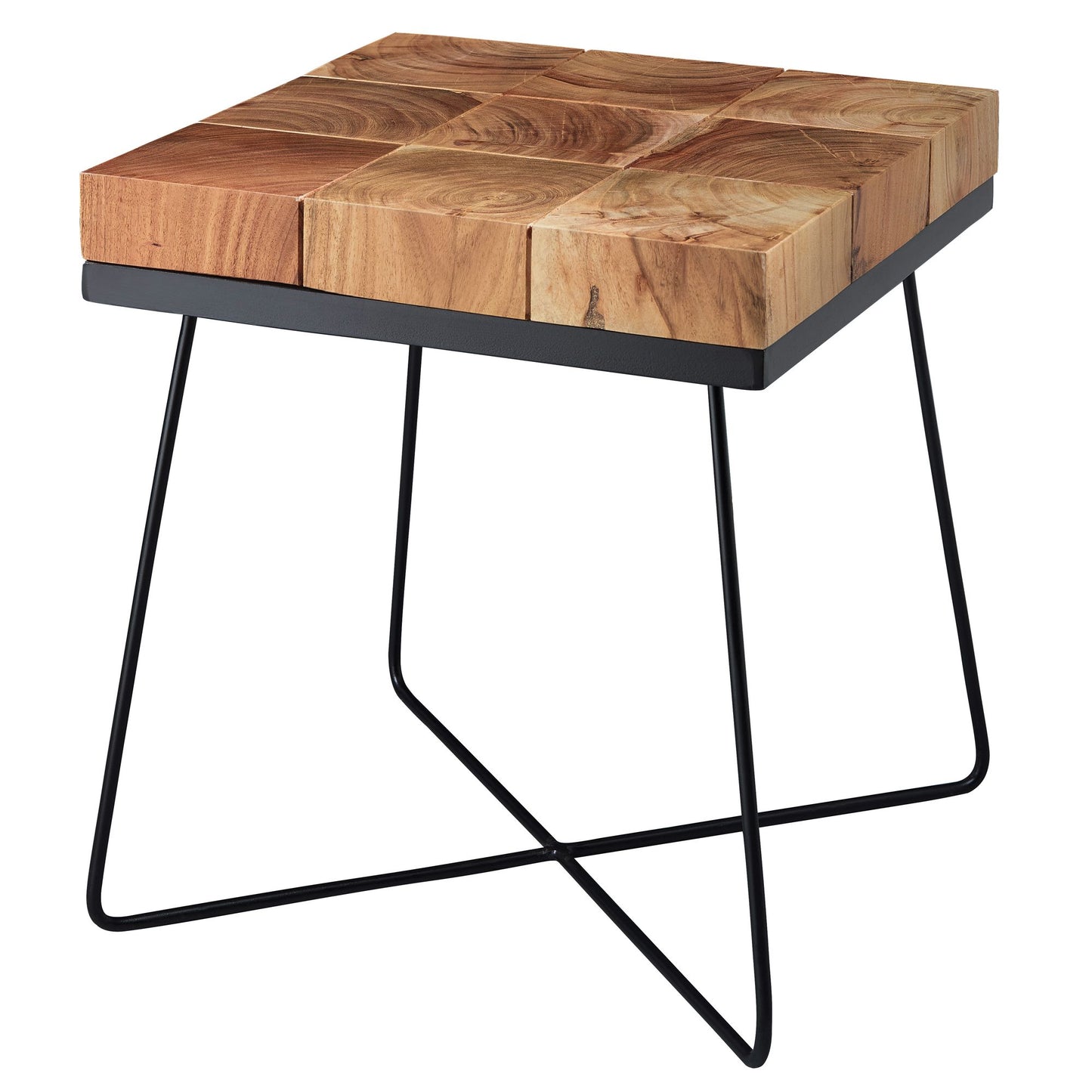 Beistelltisch 45 x 45 x 51 cm Akazie Massivholz mit Metallgestell, Industrial Anstelltisch Quadratisch Massiv Holz Tisch Braun, Wohnzimmertisch Modern Holztisch mit Metallbeinen