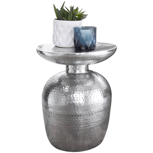 Beistelltisch Aluminium 36,5x46x36,5 cm Dekotisch Silber orientalisch rund, Designer Ablagetisch Metall modern, Anstelltisch schmal , Kleiner Hammerschlag Abstelltisch