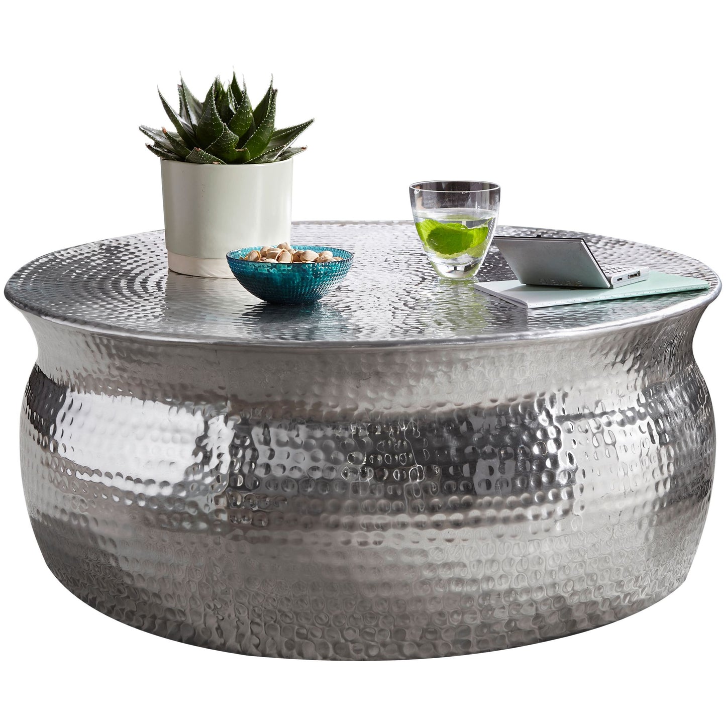 Couchtisch 75x31x75cm Aluminium Silber Beistelltisch orientalisch rund, Flacher Hammerschlag Sofatisch Metall, Design Wohnzimmertisch modern, Loungetisch indisch Stubentisch klein