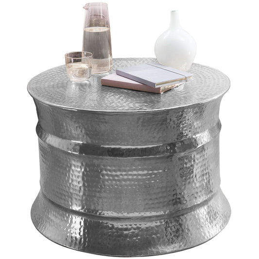 Couchtisch 62x41x62cm Aluminium Silber Beistelltisch orientalisch rund | Flacher Hammerschlag Sofatisch Metall | Design Wohnzimmertisch modern | Loungetisch indisch Stubentisch klein