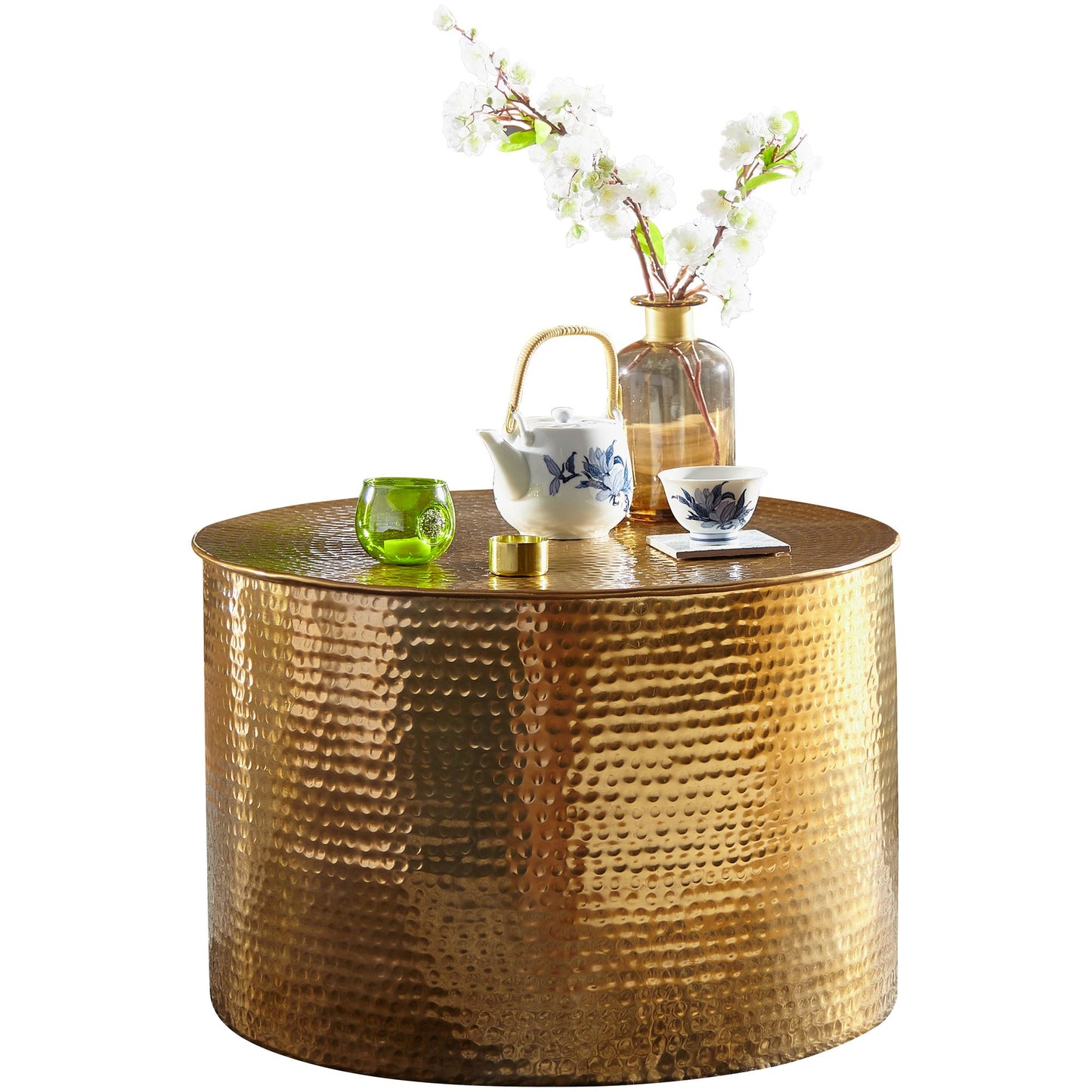 Couchtisch 61 x 40,5 x 61 cm Aluminium Gold Beistelltisch Orientalisch Rund, Flacher Hammerschlag Sofatisch Metall, Design Wohnzimmertisch Modern, Loungetisch Indisch Stubentisch