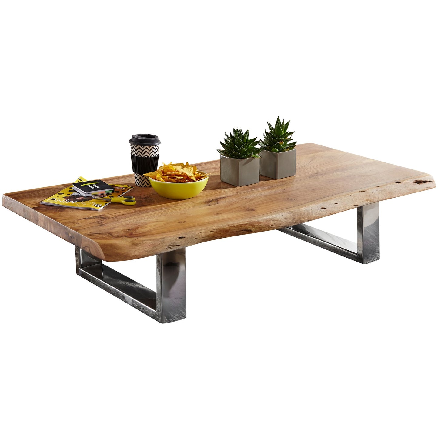 Couchtisch 115 x 25 x 58 cm Akazie Massiv Holz Metallgestell groß, Baumstamm Wohnzimmertisch Massivholz Braun, Baumkante Sofatisch Landhaus Holztisch, Tisch Wohnzimmer Stubentisch