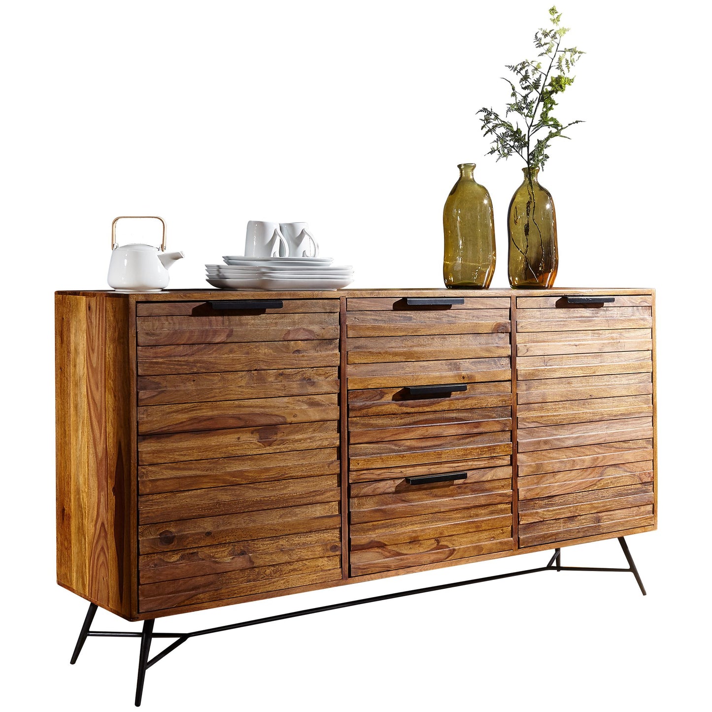 Design Sideboard NISHAN 160 x 40 x 88 cm Sheesham Massiv Holz, Kommode mit Türen & Schubladen, Massive Anrichte Industrial, Massivholz Schrank mit Metallbeinen