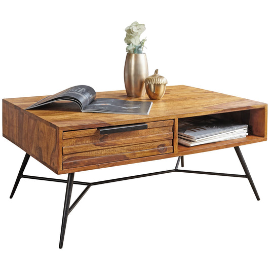 Couchtisch NISHAN 87 x 41 x 55 cm Sheesham Massiv Holz, Design Holztisch mit Stauraum und Schublade, Massivholztisch Wohnzimmer, Retro-Industrial Wohnzimmertisch mit Metallbeinen