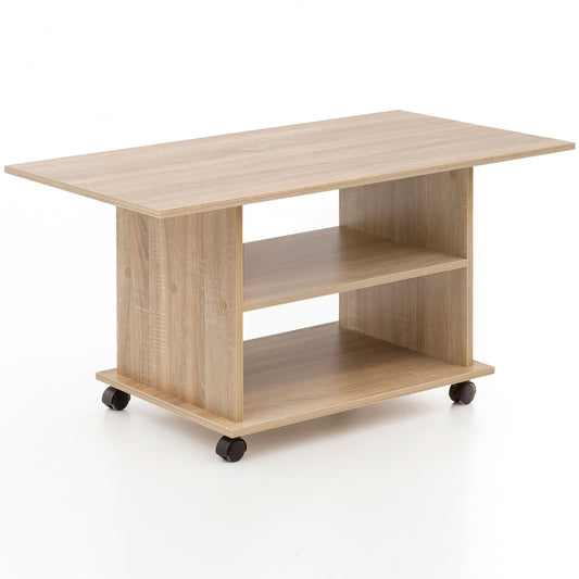 Design Couchtisch WL5.739 95 x 51 x 54,5 cm Sonoma Drehbar mit Rollen, Wohnzimmertisch Coffee Table, Sofatisch Loungetisch Holz, Kaffeetisch mit Stauraum