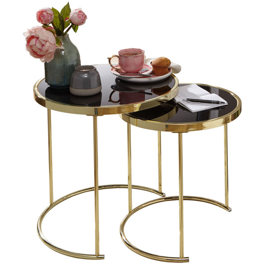 Design Satztisch COMO Schwarz/Gold Beistelltisch Metall/Glas, Couchtisch Set aus 2 Tischen, Kleiner Wohnzimmertisch, Metalltisch mit Glasplatte, Ablagetisch modern