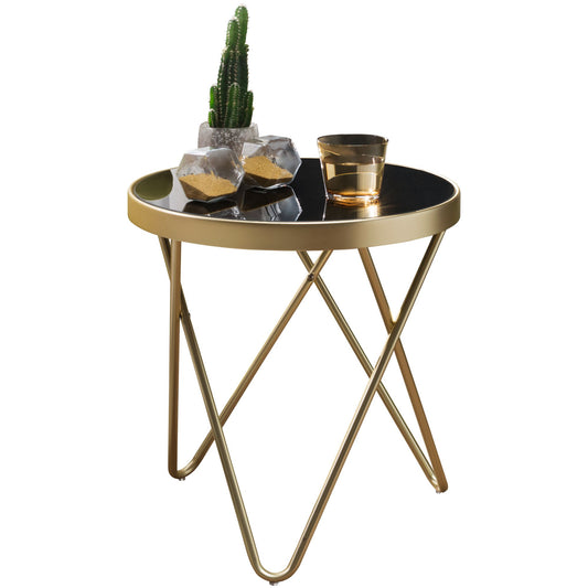 Design Beistelltisch PARMA 42x46x42cm Couchtisch Rund Schwarz/Matt Gold, Designer Glas-Wohnzimmertisch modern, Glastisch Metallgestell, Kleiner Sofatisch, Runder Metalltisch Wohnzimmer