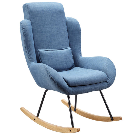 Schaukelstuhl CAPRI Blau Design Relaxsessel 75 x 110 x 88,5 cm, Sessel Stoff / Holz, Schwingsessel mit Gestell, Polster Relaxstuhl Schaukelsessel, Moderner Schwingstuhl, Hochlehner