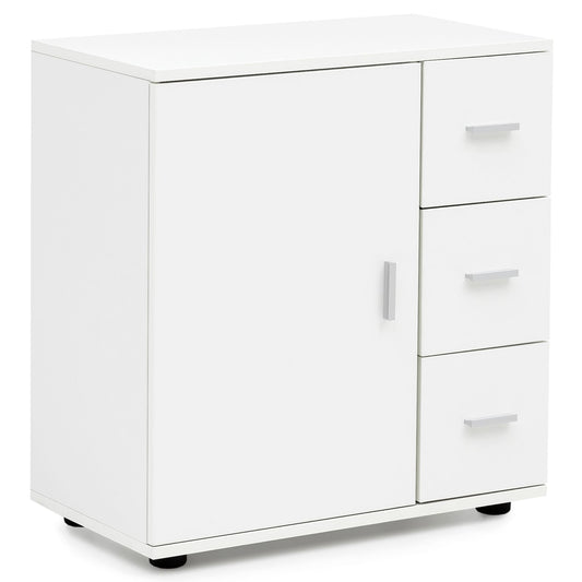 Badschrank WL5.877 Weiß 60x65,5x33 cm Midi-Schrank mit Tür & Schubladen, Kleiner Beistellschrank Matt, Badregal Schmal Freistehend Badezimmerkommode, Badmöbel Badezimmermöbel