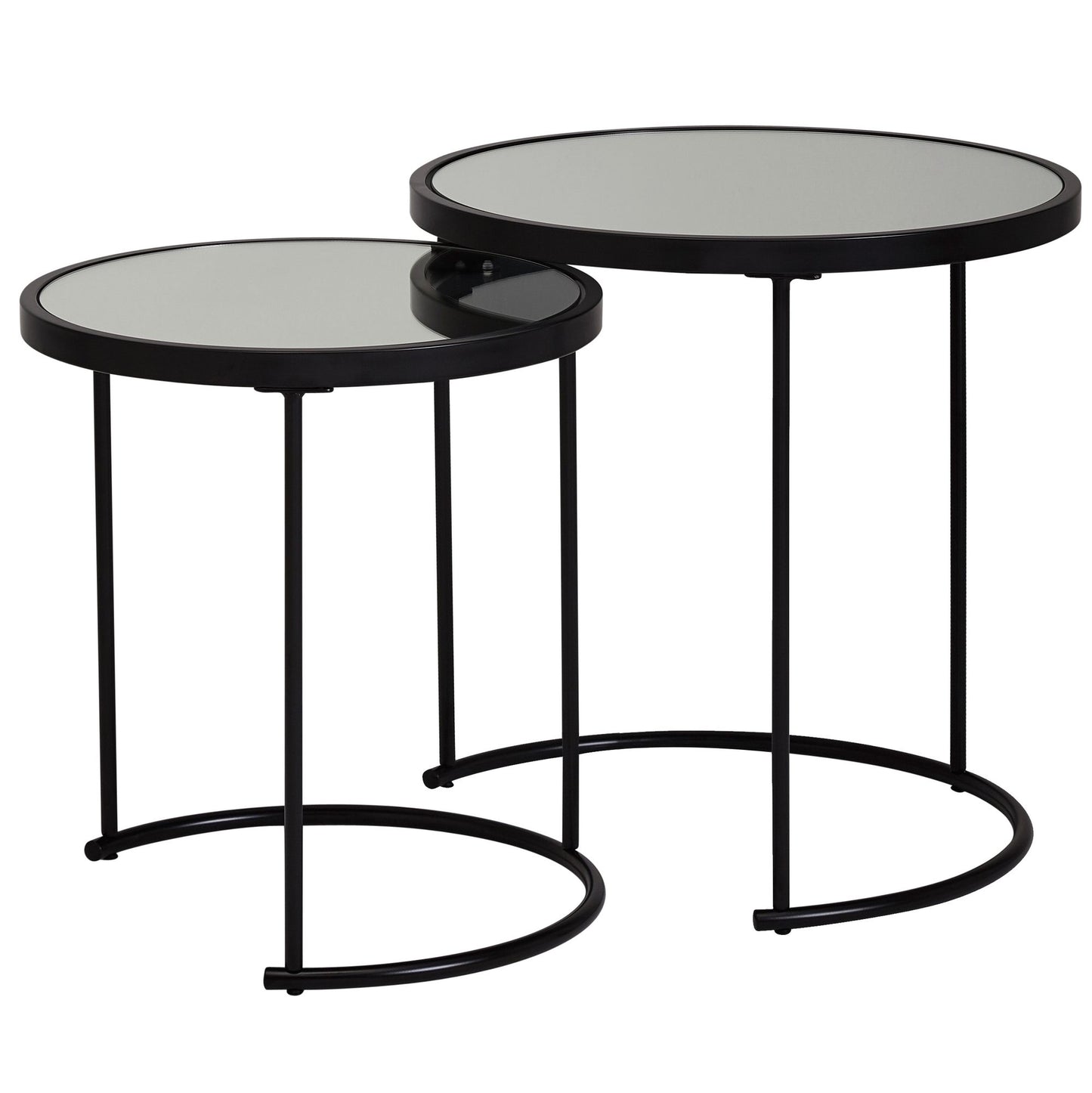 Design Beistelltisch Rund Ø 50/42 cm - 2 teilig Schwarz mit Spiegel Glas, Wohnzimmertisch 2er Set, Satztisch verspiegelt, Couchtisch