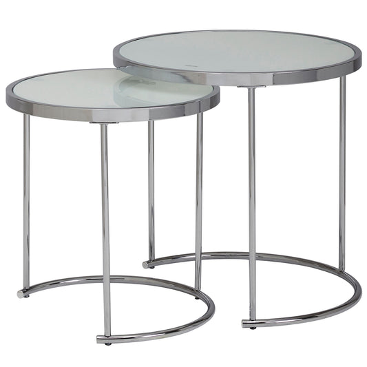 Design Beistelltisch Rund Ø 50/42 cm - 2 teilig Weiß Silber mit Glasplatte, Wohnzimmertisch 2er Set, Satztisch Milchglas, Couchtisch