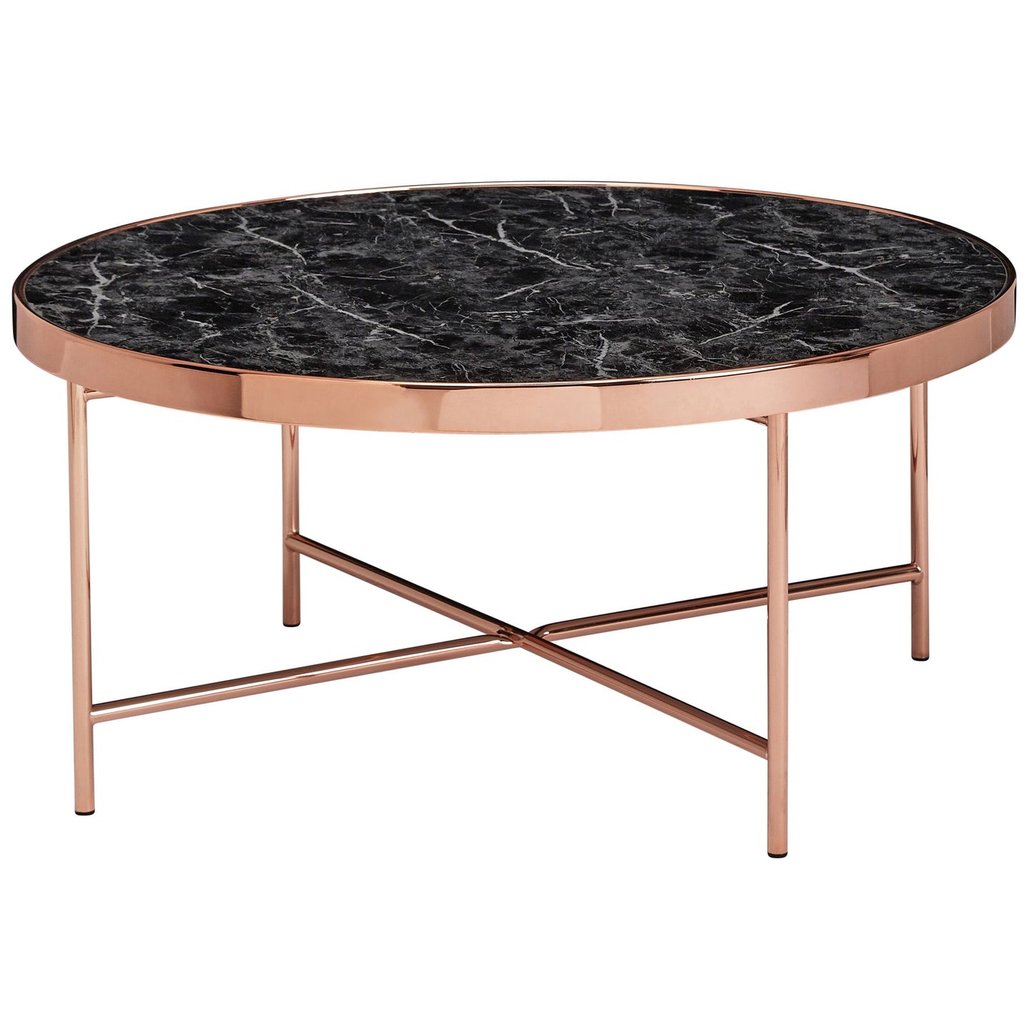 Design Couchtisch Marmor Optik Schwarz - Rund Ø82,5 cm mit Kupfer Metallgestell, Großer Wohnzimmertisch, Lounge Tisch