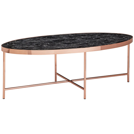 Design Couchtisch Marmor Optik Schwarz - Oval 110 x 56 cm mit Kupfer Metallgestell, Großer Wohnzimmertisch, Lounge Tisch