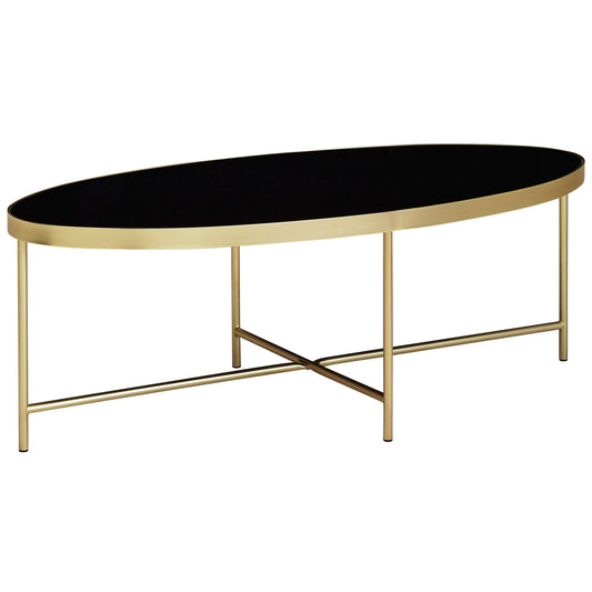 Design Couchtisch Glas Schwarz - Oval 110 x 56 cm mit Gold Metallgestell, Großer Wohnzimmertisch, Lounge Tisch Glastisch