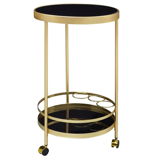 Design Servierwagen Gold Rund Ø 45cm 2 Ebenen, Beistelltisch auf Rollen mit Glasplatte Schwarz Speisewagen, Küchenwagen, Teewagen