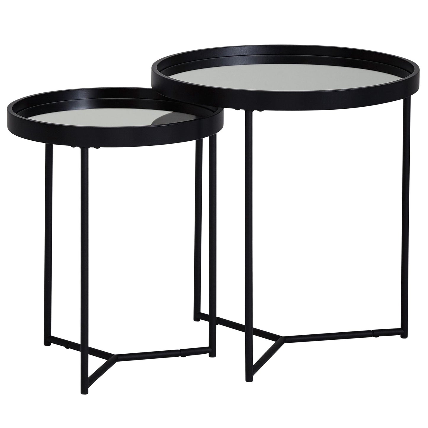 Design Beistelltisch Rund Ø 50/36 cm - 2 teilig Schwarz mit Spiegel Glasplatte, Wohnzimmertisch 2er Set, Satztisch verspiegelt, Couchtisch