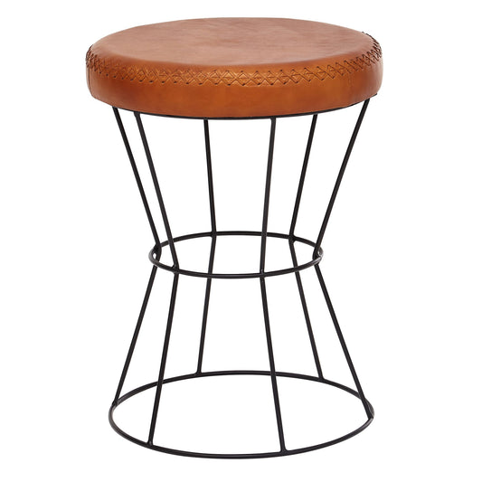 Sitzhocker Echtleder / Metall 35 x 48 x 35 cm Design Hocker Rund, Dekohocker mit Leder-Bezug, Moderner Lederhocker Braun Gepolstert