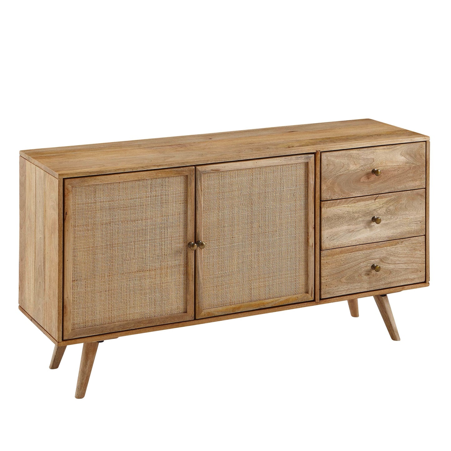 Design Sideboard 140x75x40 cm Mango Massivholz / Rattan, Kommode 3 Schubladen, Hoher Kommodenschrank Holz Massiv, Standschrank Wohnzimmer, 2 Türfächer Rohrgeflecht