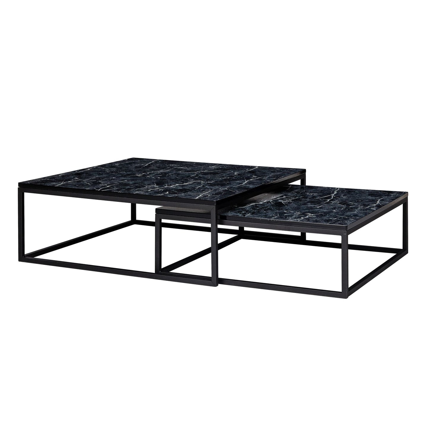 Design Couchtisch 2er Set Schwarz Marmor Optik Eckig, Couchtische 2-teilig Tischgestell Metall, Edle Wohnzimmertische, Moderne Satztische