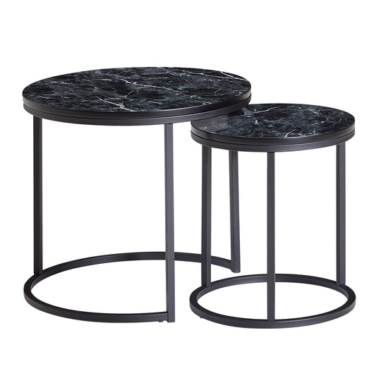 Design Beistelltisch 2er Set Schwarz Marmor Optik Rund, Couchtisch 2-teilig Tischgestell Metall , Kleine Wohnzimmertische, Moderne Satztische