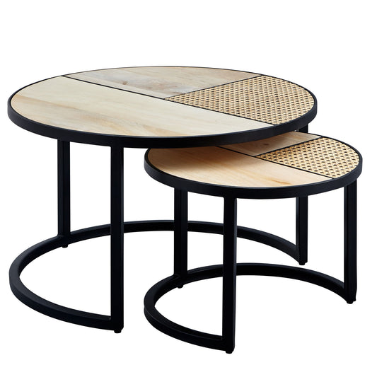 Design Wohnzimmertisch 2er Set Mango / Rattan Beistelltisch Rund, Couchtisch Wiener Geflecht, Tischset 2-teilig mit Metallbeine, Satztisch Holz / Metall