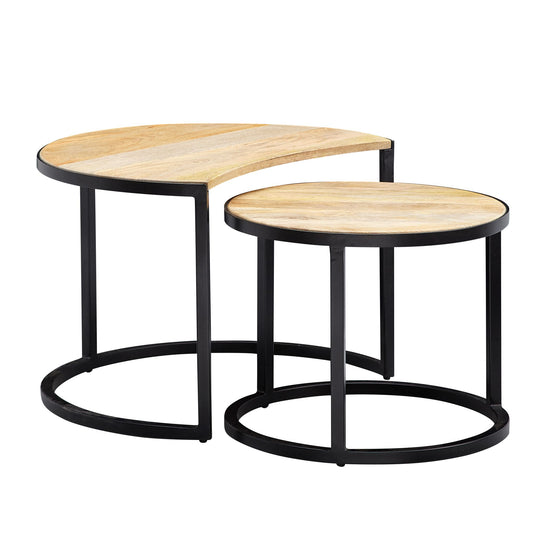 Couchtisch 2er Set Mango Massivholz / Metall Wohnzimmertisch Rund, Industrial Beistelltisch mit Metallbeine Schwarz, Tischset 2-teilig Satztisch Holz