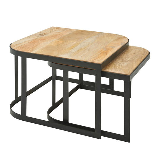 Couchtisch 2er Set Mango Massivholz / Metall Wohnzimmertisch Hell, Industrial Satztisch Beistelltisch Metallbeine Schwarz, Tischset 2-teilig Satztisch Holz