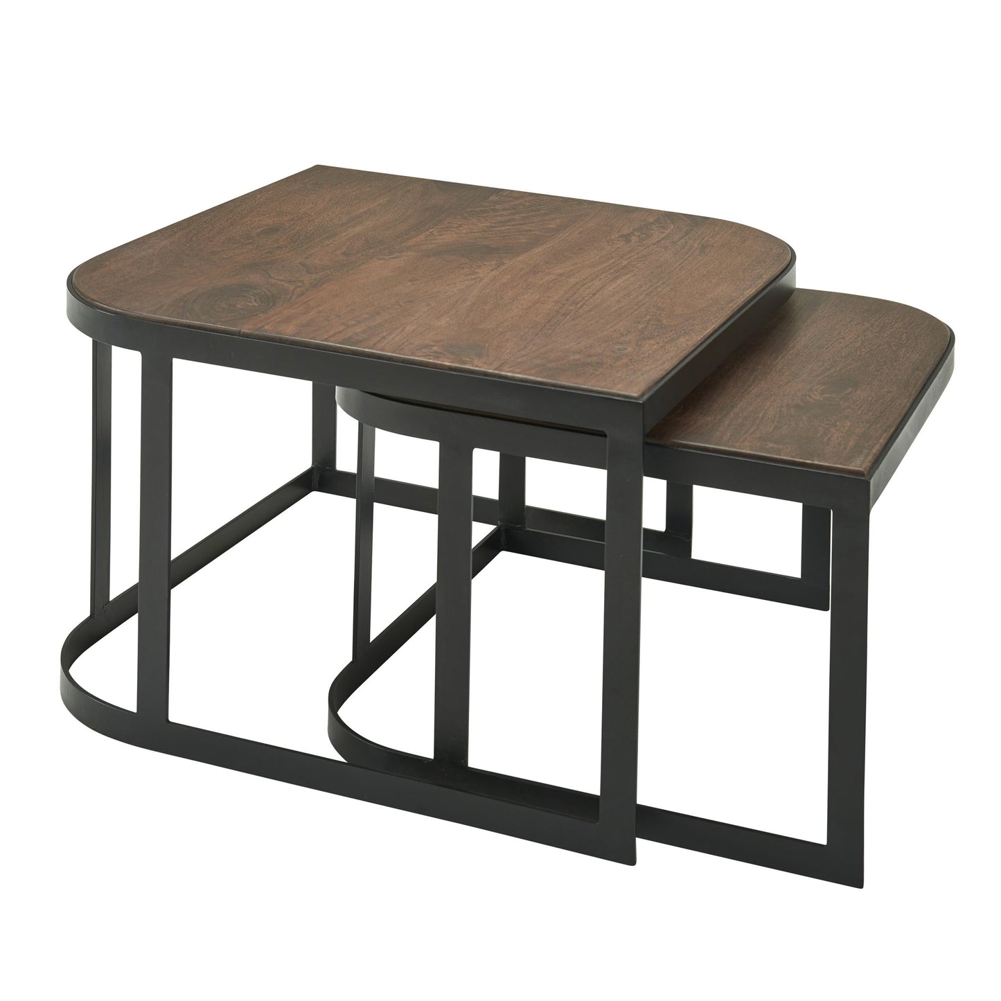 Couchtisch 2er Set Mango Massivholz / Metall Wohnzimmertisch Dunkel, Industrial Satztisch Beistelltisch Metallbeine Schwarz, Tischset 2-teilig Satztisch Holz