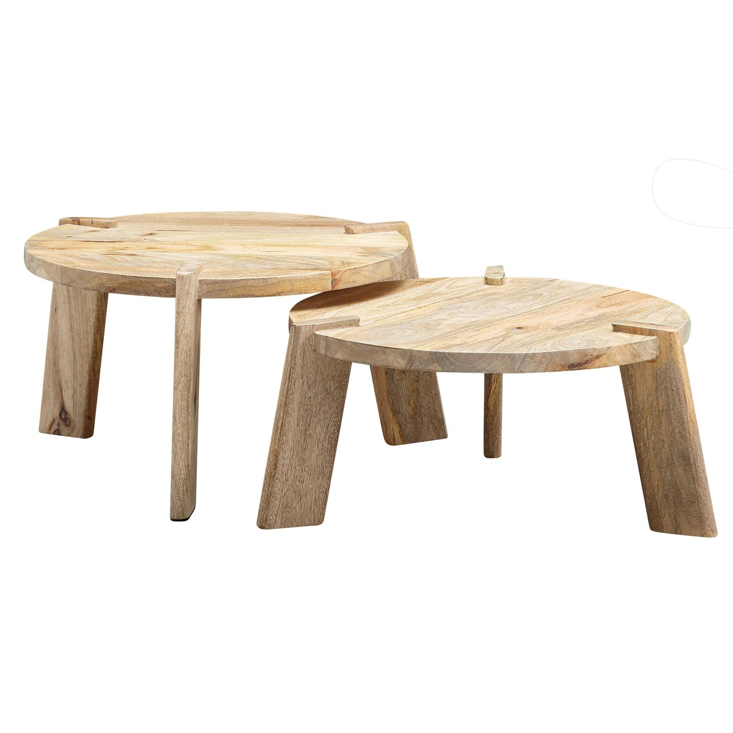 Design Couchtisch 2er Set Mango Massivholz Wohnzimmertisch Hell, Satztisch Holztisch Rund Beistelltisch, Tischset 2-teilig Kaffeetisch Holz