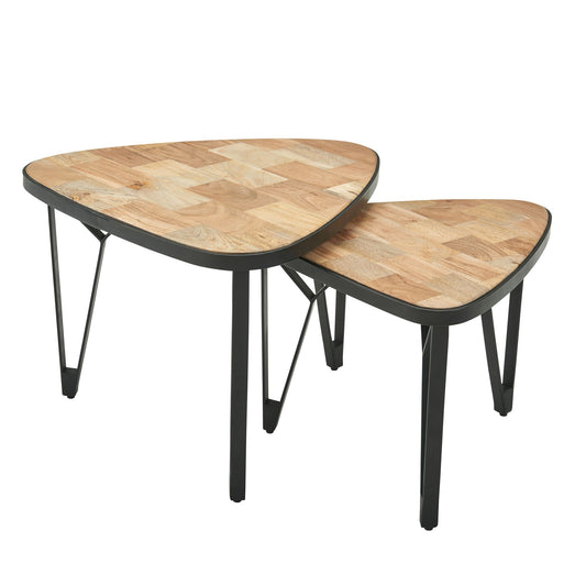 Design Couchtisch 2er Set Mango / Akazie Massivholz Satztisch Dreieckig, Wohnzimmertisch Braun mit Metallbeine, Tischset 2-teilig Satztisch Holz / Metall Schwarz