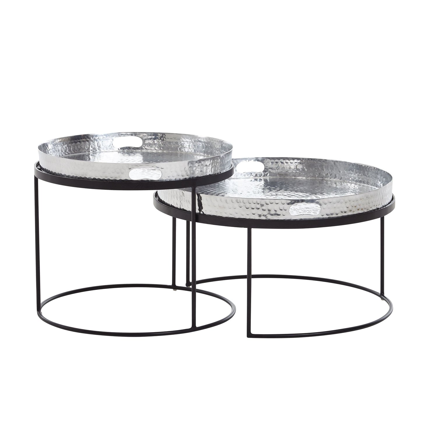 Couchtisch 2er Set Silber / Schwarz Metall Hammerschlag Satztisch Rund, Sofatisch abnehmbares Tablett, Tabletttisch Sofa 2 teilig Modern, Runder Beistelltisch