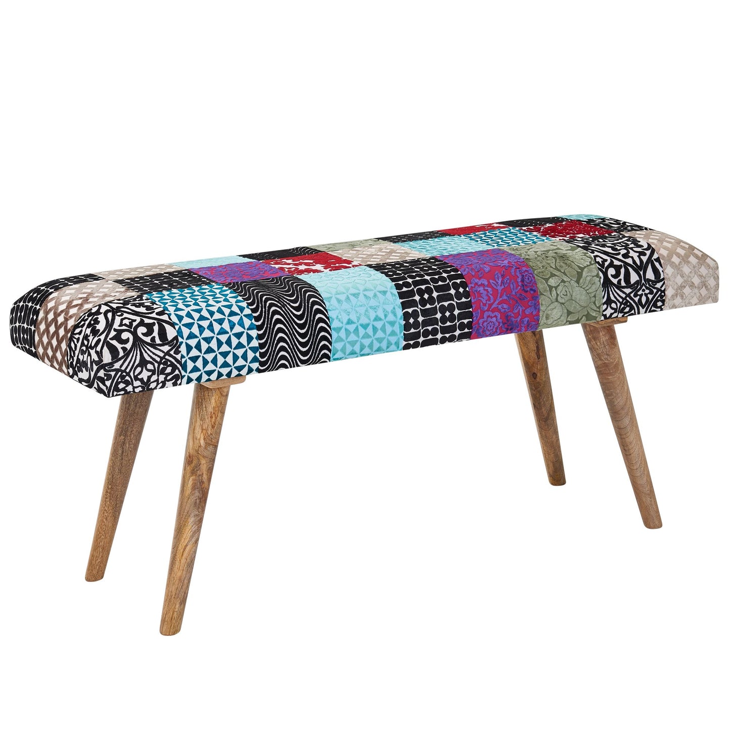 Sitzbank Samt / Massivholz Bank Bunt 117x51x38 cm Bettbank Patchwork, Design Polsterbank Flur Modern, Gepolsterte Stoffbank Esszimmer, Flurbank ohne Lehne