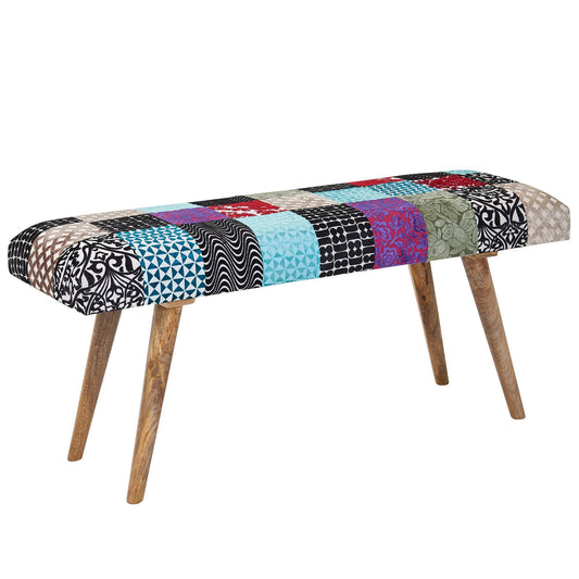 Sitzbank Samt / Massivholz Bank Bunt 117x51x38 cm Bettbank Patchwork, Design Polsterbank Flur Modern, Gepolsterte Stoffbank Esszimmer, Flurbank ohne Lehne