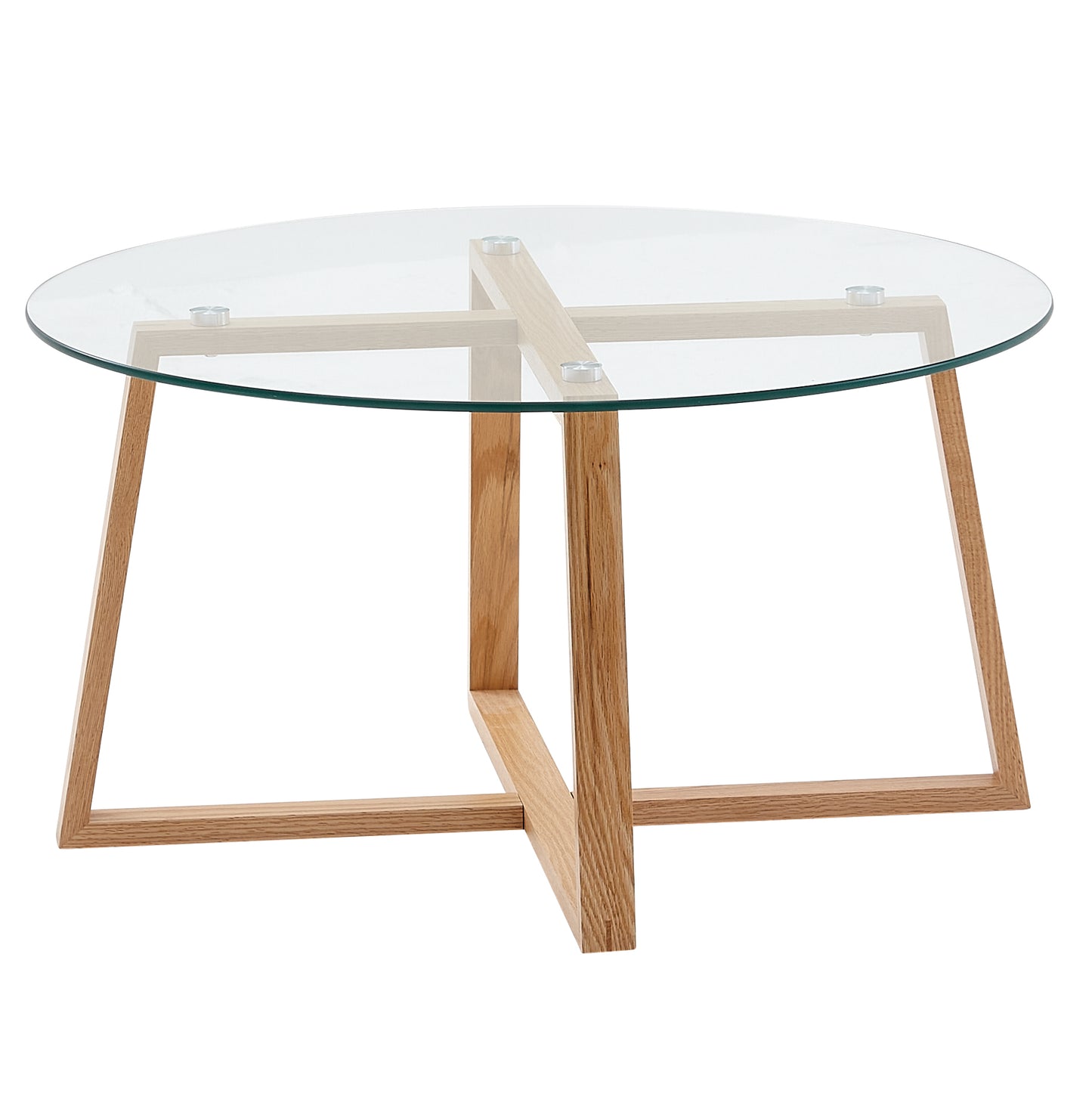 Couchtisch 78x78x41 cm Sofatisch Eiche Massivholz / Glas Rund, Design Wohnzimmertisch Modern, Holztisch Stubentisch Groß, Kaffeetisch Tisch Wohnzimmer Echtholz