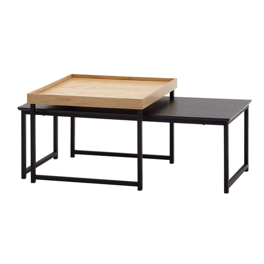 Couchtisch 2er Set Holz / Metall Sofatisch Eckig Eiche Schwarz Modern, Beistelltisch 2-teilig, Design Wohnzimmertische, Holztisch Satztische