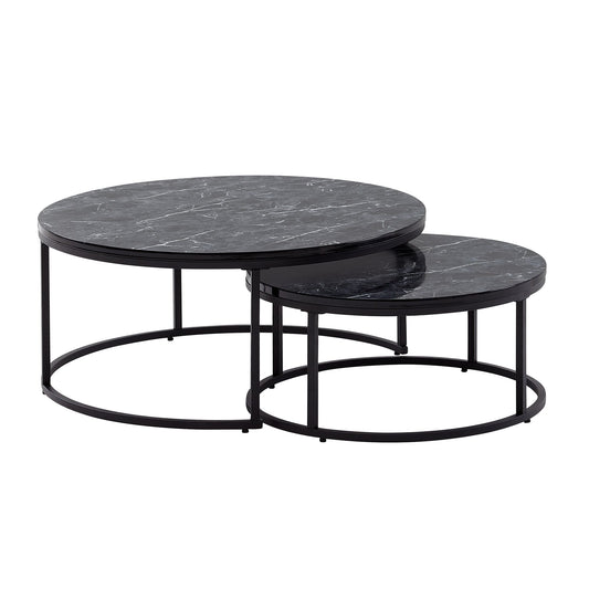 Couchtisch 2er Set Schwarz Marmor Optik Sofatisch Rund Modern, Beistelltisch 2-teilig Metall, Runde Wohnzimmertische, Design Satztische