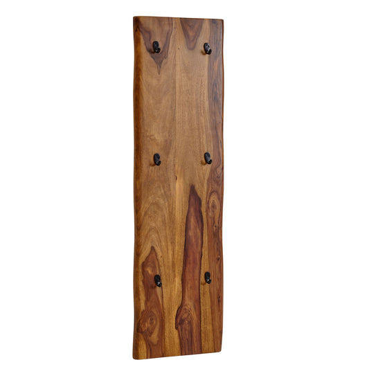 Wandgarderobe Sheesham Massivholz / Metall 40x140x7 cm mit Baumkante, Design Hakenleiste 2-Reihig Flurgarderobe Wand, Garderobe Holz