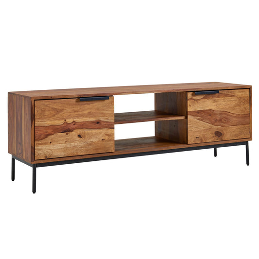 Lowboard Sheesham Massivholz 147x51x38 cm TV-Kommode mit zwei Türen, Design TV-Schrank Hoch, Fernsehtisch Fernsehschrank Modern, Fernsehkommode Wohnzimmer