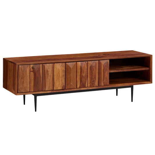 Lowboard Sheesham Massivholz 123x42x35 cm TV-Kommode mit zwei Türen, Design TV-Schrank Hoch, Fernsehtisch Fernsehschrank Modern, Fernsehkommode Wohnzimmer