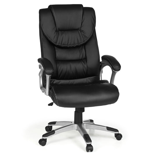 Bürostuhl Madrid Kunstleder Schwarz ergonomisch mit Kopfstütze, Design Chefsessel Schreibtischstuhl mit Wippfunktion, Drehstuhl hohe Rücken-Lehne X-XL 120 kg