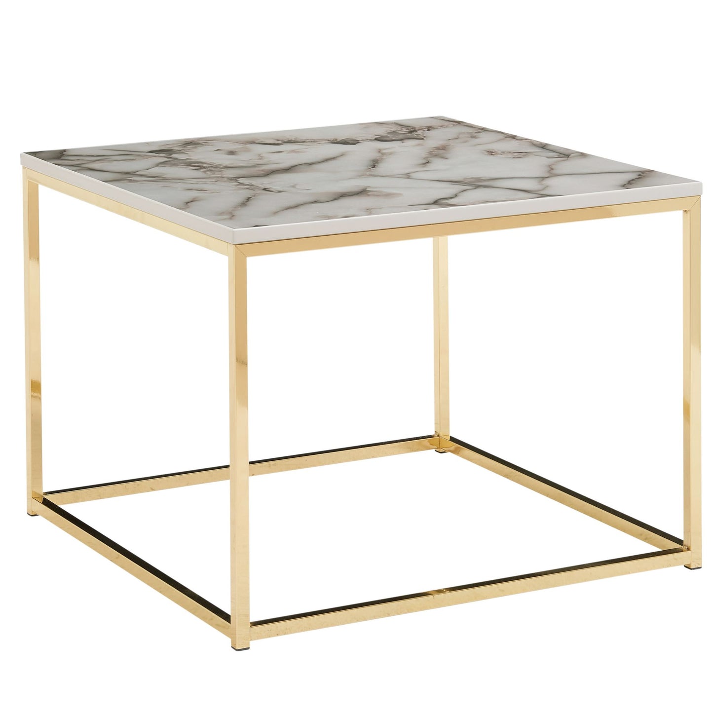 Couchtisch 60x60x45 cm mit Marmor Optik Weiß / Gold, Wohnzimmertisch mit Metall-Gestell, Sofatisch Eckig Tisch Wohnzimmer, Beistelltisch