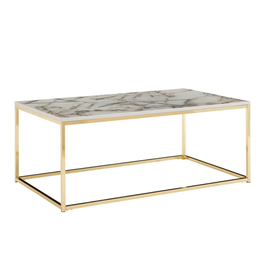 Couchtisch 100x60x40 cm mit Marmor Optik Weiß / Gold, Wohnzimmertisch mit Metall-Gestell, Sofatisch Eckig Tisch Wohnzimmer, Beistelltisch