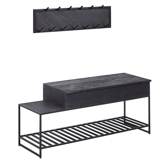 Sitzbank mit Wandgarderobe Schwarz Mango Massivholz Schuhbank 110 cm, Design Garderoben-Set Industrial Flur, Garderobenbank mit Stauraum und Schuhregal, Flurbank mit Sitzfläche