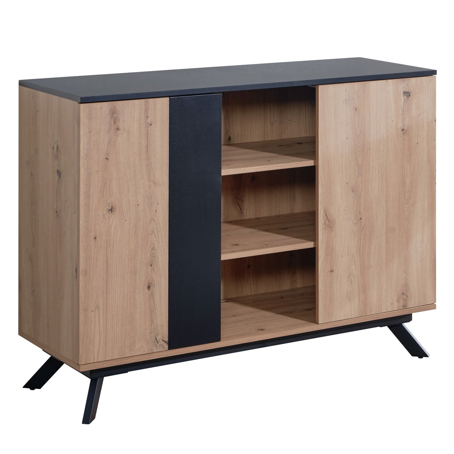 Sideboard 110x87x40 cm MDF Anrichte in Eiche-Dekor / Schwarz, Kommode mit 2 Türen, Kommodenschrank Flurschrank Modern, Standschrank Wohnzimmer mit Metallbeine